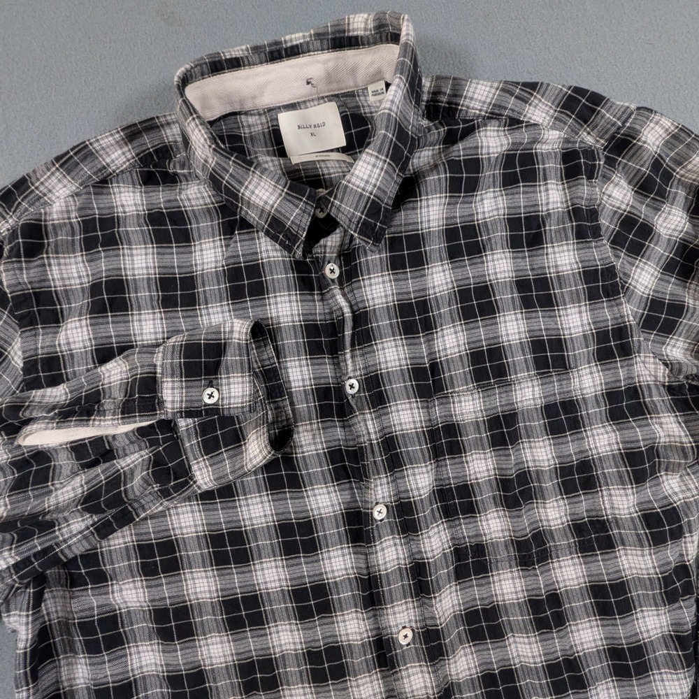 Billy Reid Button Down Shirt Mens XL Black White Plaid Standard Fit Long Sleeve